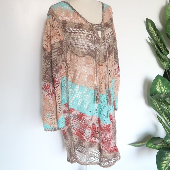 Soft Surroundings Multicolor Turquoise Red Crochet Tassel Boho Tunic Top Size L - Picture 5 of 16
